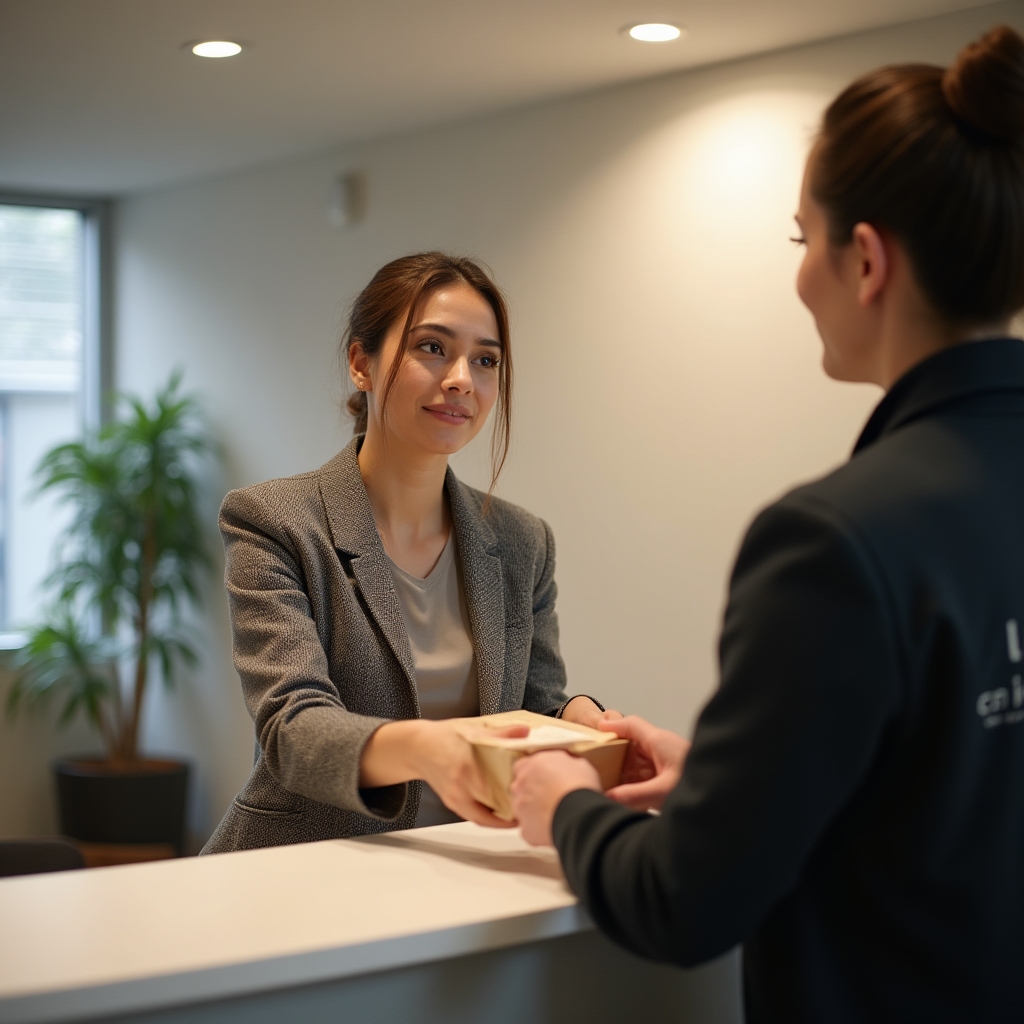 Coworking reception desk being used as a pickup point for a small courier parcel handoff
