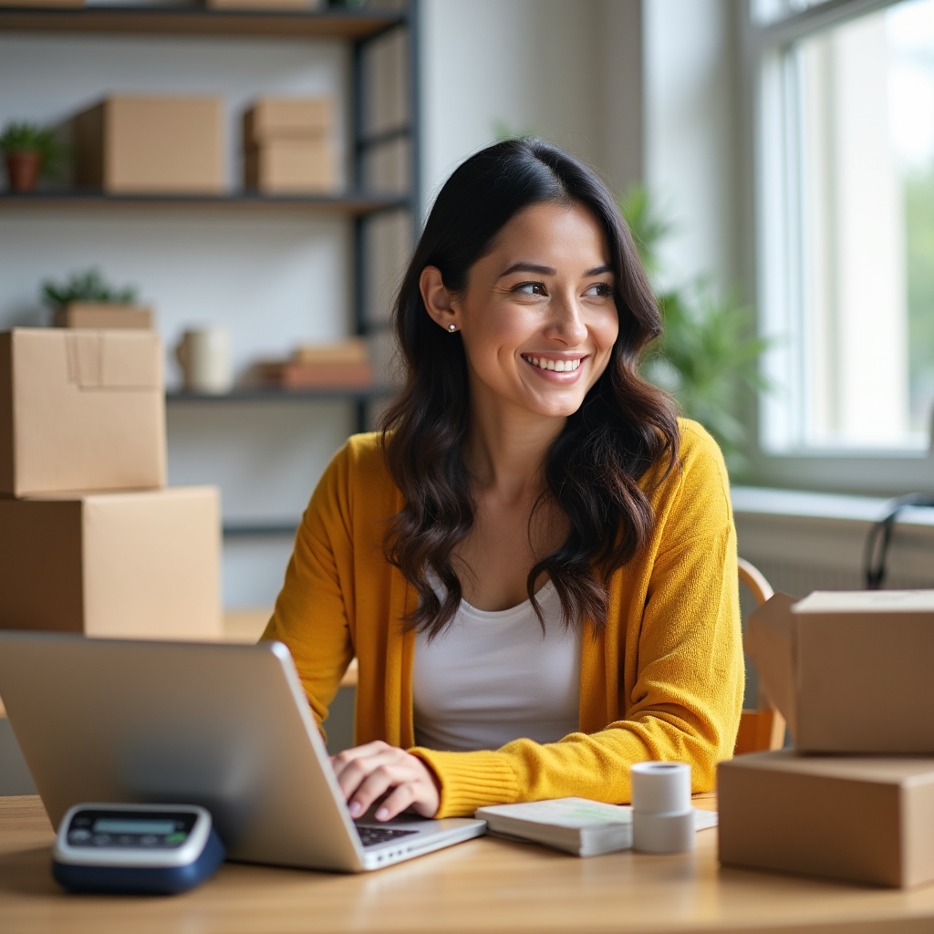 Remote e-commerce operator working at a desk with a laptop, packaging boxes and a small parcel scale nearby