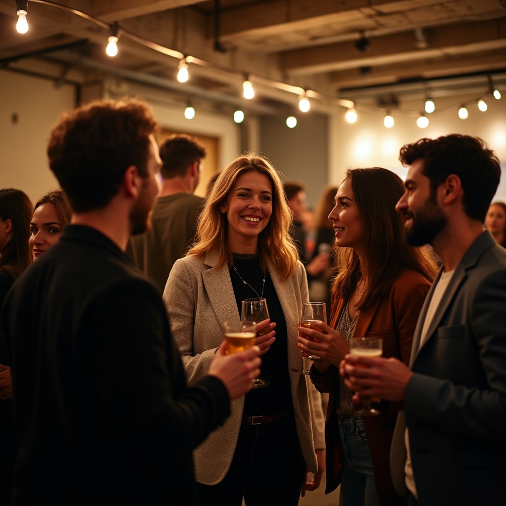 Small group of remote workers chatting at a coworking social event in the evening