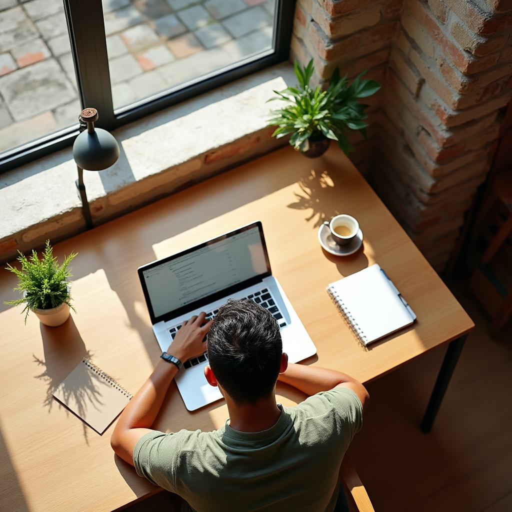 Remote worker settling into a coworking desk in Cluj-Napoca with laptop and coffee cup