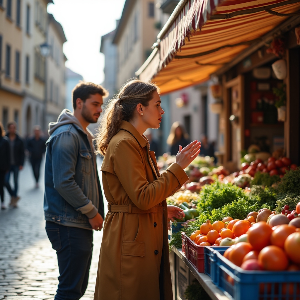 Guided neighbourhood walk passing a local outdoor market stall with fresh produce