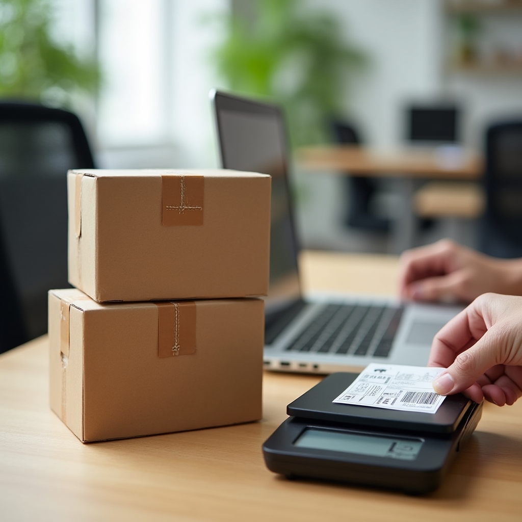 Small stack of shipping boxes and a parcel scale set beside a laptop in a coworking space corner