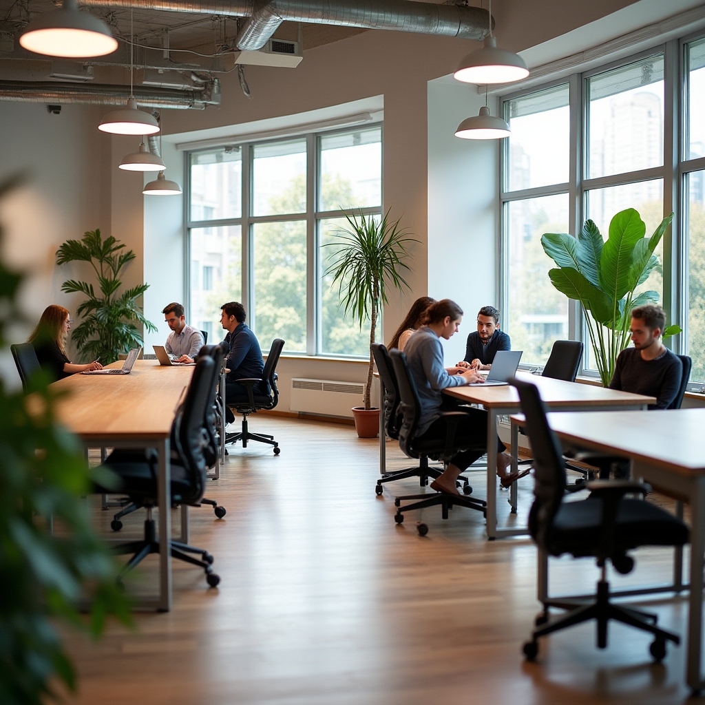 Bright coworking space interior in Cluj-Napoca with shared desks and plants