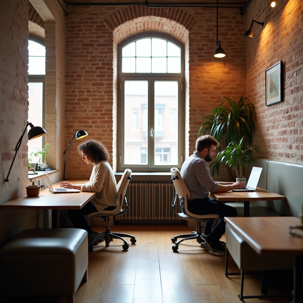Modern coworking space in Timișoara with open desks and large windows overlooking the street