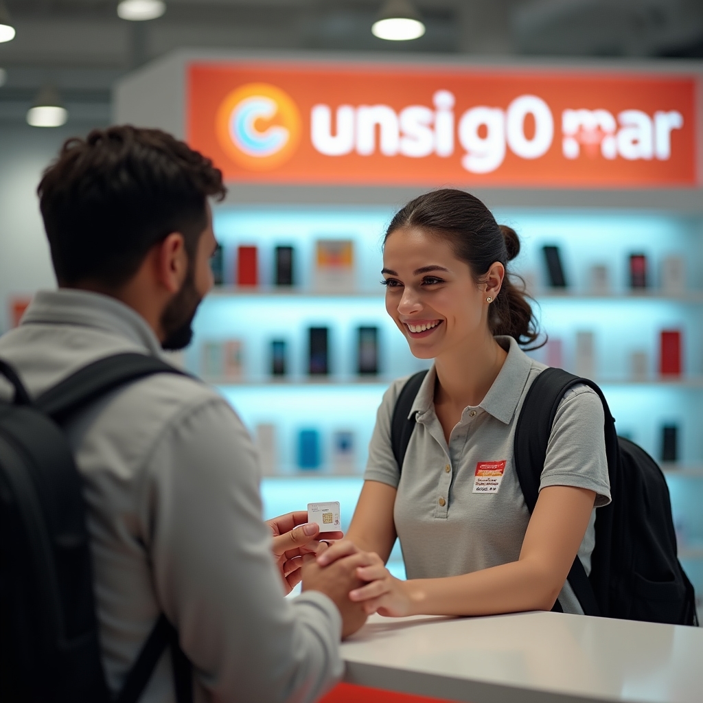 Mobile carrier store assistant helping a remote worker activate a local SIM card