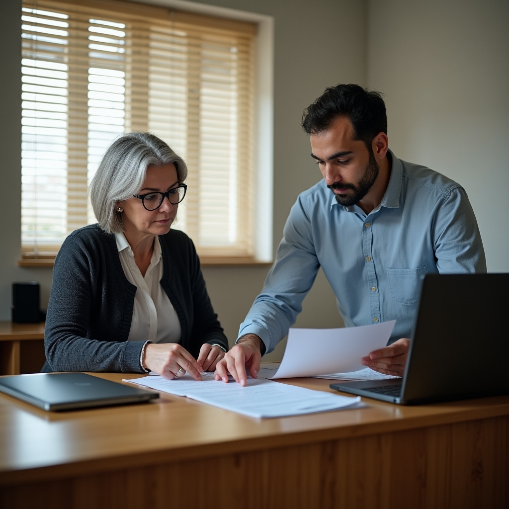 Two people reviewing address registration paperwork together at a town hall counter