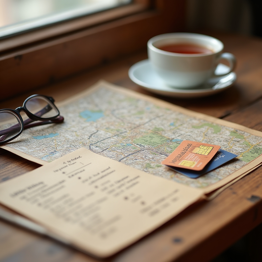 Small welcome kit package with local SIM card, printed neighbourhood map and orientation notes on a wooden desk